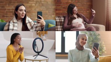 Dört kadın akıllı telefonlar kullanarak farklı ortamları gösteren video görüşmeleri yapıyorlar. Çevrimiçi bağlanırken her insan sevinç ifade eder, iletişimin önemini vurgular.