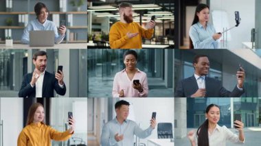 Çeşitli iş adamları, çağdaş bir ofis ortamında akıllı telefonlarındaki video görüşmeleri ile etkileşime geçiyorlar. Her insan çevrimiçi olarak bağlanırken farklı duygular gösterir..