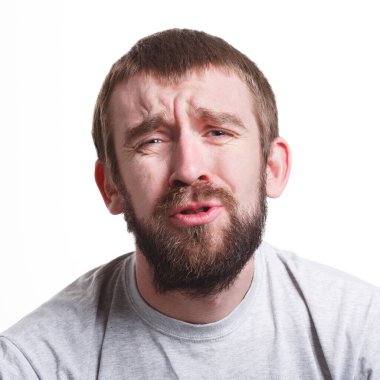 Tekrar başarısız. Mutsuz adam yüzünde, üzüntü ifade ekşitmeden beyaz izole arka plan, portre, kopya alanı