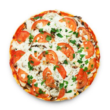 Mantar, domates ve tavuk eti ile Lezzetli pizza - ince pasta kabuk beyaz arka planda izole. İtalyan yemeği. Üstte görüntü