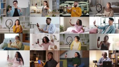 İçerideki farklı ortamlarda video görüşmeleri üzerinden bağlantı kurmak için akıllı telefonları kullanan bir grup insan. Her insan, aygıtlarıyla etkileşime girerken eşsiz bir duygu ifade eder..