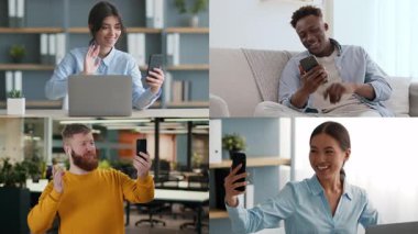 Çeşitli bireyler akıllı telefonlarda görüntülü konuşmalar yapıyor, gülümsüyor ve el sallıyorlar. Her insan benzersiz ortamında ortaya çıkar, modern hayatta telekomünikasyon bağlantısını gösterir..