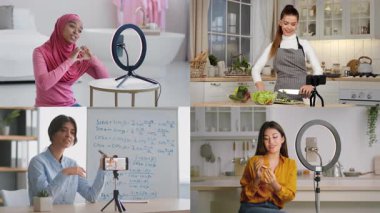 Çeşitli ev ortamlarında akıllı telefonları kullanarak çeşitli kadın grupları video görüşmelerine katılıyor. Yemek pişirmek, öğretmek ve sosyalleşmek gibi aktivitelerle meşguller..