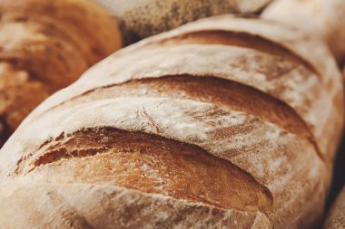 Güzel pişmiş bir somun kabuklu ekmek, altın-kahverengi kabuklu ve içi yumuşak, havadar. Ayrıntılı doku, pişirme sürecindeki zanaatkarlığı vurguluyor.