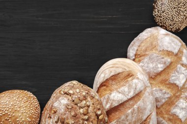 Koyu ahşap bir yüzeye sergilenen taze pişmiş zanaatkar ekmeklerinden oluşan bir seçim. Değişkenlikler arasında susam tohumlu kabuklu somunlar, tam tahıl dokuları ve ekmek severlere hitap eden kırsal şekiller yer alıyor..