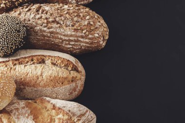 Farklı dokular ve kabuklar sergilenerek koyu bir yüzeyde çeşitli taze pişmiş ekmek türleri güzel bir şekilde düzenlenir. Çeşit çeşit susam, tam tahıl ve kırsal somunlar içeriyor..