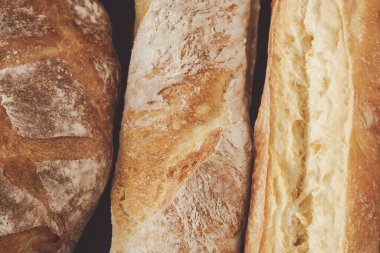 Farklı türde taze pişmiş zanaatkar ekmeği sanatsal olarak düzenlenir. Kabuklu somunlar, çeşitli dokuları sergiliyor, her yemek aşığı için sıcak ve davetkar bir atmosfer yaratıyor..