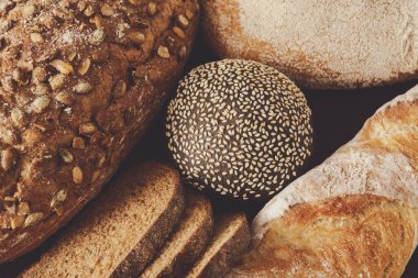 Çeşitli taze pişmiş ekmekler farklı dokular ve tatlar sergiliyor. Bunların arasında tohumlu somunlar, kabuklu ekmekler ve ortada yuvarlak susamlı bir ekmek de var. Her somun eşsiz bir cazibe sunar.