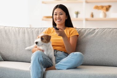 Kabarık tüylü Jack Russel terrier köpeği, kadın sahibiyle televizyon izliyor, evinde evcil hayvanıyla takılan mutlu Koreli kadın, kanepede oturuyor, kanalları geziyor, uzayı kopyalıyor.