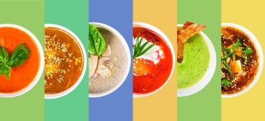 Bir kase çorba renkli arka planda üst üste dizilir. Her kase farklı malzeme ve renkler içeriyor. Ekranda değişik türde çorba görünüyor..