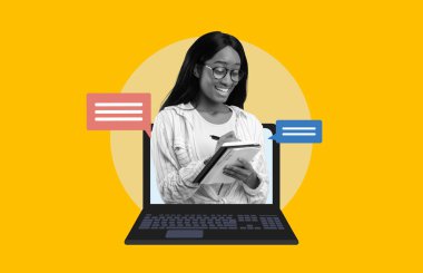 Bir kişi dizüstü bilgisayarın önünde otururken tablete notlar yazıyor. Konuşma baloncukları var. Bu sahne parlak ve ilgi çekici, öğrenme ve iletişim odaklı..