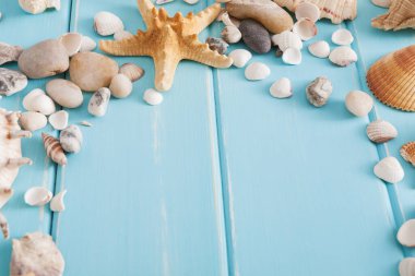Mavi ahşap, deniz tatil arka plan üzerinde kabukları ahşap plakalar üzerinde kopya alanı ile