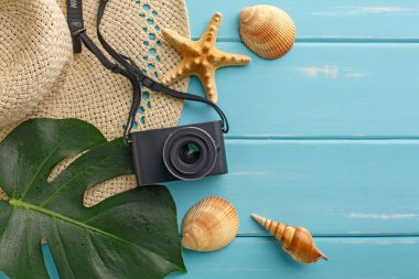 Mavi ahşap üzerinde tatil arka planı, fotokopi alanı olan üst manzara. Plaj aksesuarları- hasır şapka, fotoğraf makinesi, palmiye yaprağı ve deniz kabukları.