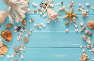 Mavi ahşap, deniz tatil arka plan üzerinde kabukları ahşap plakalar, üstten görünüm üzerinde kopya alanı ile