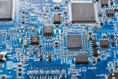 Laptop anakart microcircuit portre. Bilgisayar elektronik parçalar arka plan