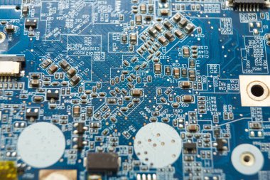 Laptop anakart mikro devre, kapat. Bilgisayar elektronik parçalar arkaplanı