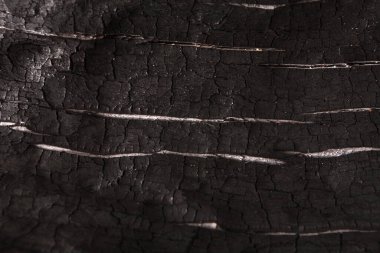 Yüzey, yangının yol açtığı hasarı gösteren görünür çizgiler ve çatlaklarla kaplı koyu, yanmış bir ahşap gösteriyor. Kalıplar yüksek ısıya maruz kaldıktan sonra ahşabın yapısını gösteriyor..