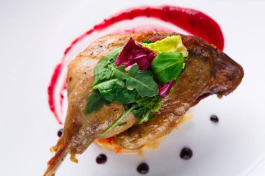 Bir ördek bacağı, üzerinde salata yeşillikleri olan bir tabağa konur. Bir sos tabağın etrafına sanatsal olarak serpiştirilir. Yemek sunumuna odaklanmış bir restoran..