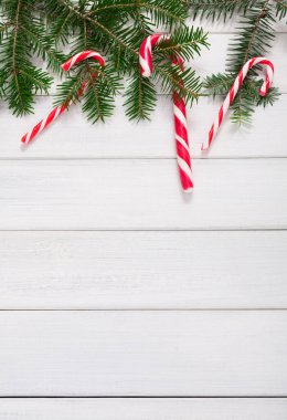 Üç kırmızı ve beyaz çizgili şeker kamışı, beyaz ahşap bir yüzeyde her zaman yeşil olan dallara asılır. Bu sahne tatil dekorasyonunun ruhunu yansıtıyor..