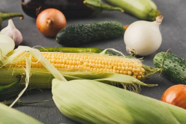 Farklı sebzeler gri bir yüzeye yerleştirilir. Mısır, salatalık, soğan ve sarımsak mevcuttur. Ekran, yemek ve salatalarda kullanılmaya hazır renk ve şekillerin bir karışımını gösterir.