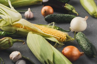 Taze sebzeler gri bir yüzeye yayılır. Diğer ürünlerin yanında mısır, salatalık, soğan, sarımsak ve yeşil biber var. Bu sahne yemek pişirmek için gerekli malzemeleri gösteriyor..