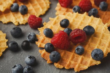 Taze ahududu ve yaban mersiniyle çevrili gri bir yüzeyde bir waffle seti bulunur. Böğürtlenler düzenlemeye renk katıyor, basit ama çekici bir görüntü yaratıyor..