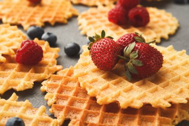 Bir yüzeyde çeşitli waffle çeşitleri oturur. Waffle 'ların üzerinde taze çilek ve ahududu dinleniyor. Yaban mersinleri waffle 'ların etrafına saçılmış. Bu nefis bir kahvaltı sahnesi..