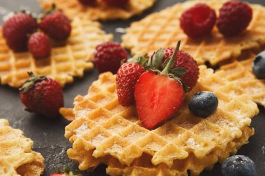 Karanlık bir yüzeye yerleştirilmiş birkaç waffle. Çilek ve yaban mersini waffle 'ların üstünde. Sahnenin yemek malzemelerini açıkça gösteren basit bir düzeneği var..