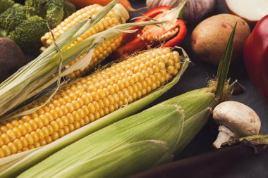 Mutfaktaki bir masanın üzerine çeşitli taze sebzeler yerleştirilir. Pişirmeye hazır eşyalar arasında mısır, brokoli ve mantarlar yer alıyor. Ortam sağlıklı besin seçeneklerini gösteriyor..