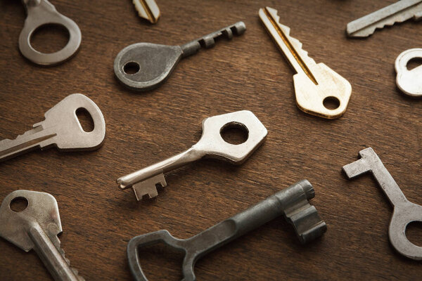 Keys of different shapes and sizes are arranged on a brown wooden surface. Some keys are metallic and others have distinct designs. This collage shows the variety of keys and their forms.
