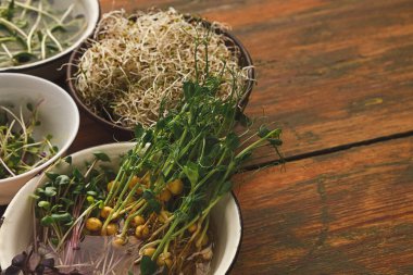 Çeşitli filizler ahşap bir yüzeyde küçük kaselerde düzenlenir. Yeşil ve beyaz filizler farklı doku ve şekilleri gösteriyor. Bu görüntü filizlerin çeşitliliğini vurgular.