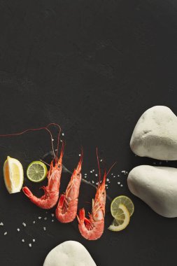 Üç pişmiş karides karanlık bir yüzeye yerleştirilir. Limon ve limon dilimleri yakınlarda oturur. Kaba tuz etrafa saçılmış. Düz taşlar kurulumu tamamlar.