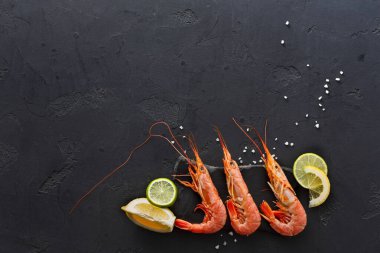 Karides, yanında limon ve limon dilimleri olan koyu bir yüzeye yerleştirilir. Küçük tuz taneleri olay yerine detay ekler. Bu kurulum yemek yapmak ya da hizmet etmek için uygundur..