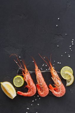 Üç karides, limon dilimleriyle birlikte taş bir yüzeye yerleştirilir. Koyu arkaplan renkleri güçlendirir. Bu sahne deniz ürünleri pişirme ya da servis için hazırlandı..