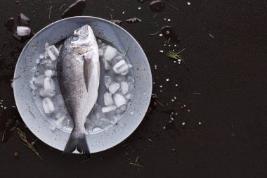 Koca bir balık buzla dolu bir tabakta dinleniyor. Balık su ile ıslaktır ve dağınık tuz ve bazı otlarla çevrilidir. Buz küpleri balıkların altında görünür..
