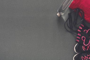 Çalışma alanı su şişesi ve havluyla yoga minderi gösteriyor. Bir çift spor ayakkabı ve atlama halatı yakınlarda oturur. Bu da fiziksel aktivite seansına hazırlandığını gösterir..