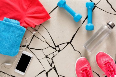 A red shirt and blue towel lie on a cracked floor near pink shoes, dumbbells, a water bottle, and a smartphone. The scene shows preparation for a workout session.