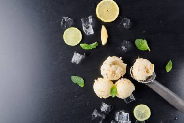 Taze limonla yapılan dondurma koyu bir yüzeyde düzenlenir. Dondurmanın etrafında nane yaprakları ve buz küpleri var. Limon dilimleri yakına yerleştirilir, olay yerine detay eklenir..