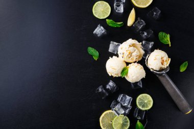 Karanlık bir yüzeye üç kepçe dondurma konur. Dondurmayı çevreleyen limon ve nane yaprağı dilimleri ve etrafa saçılmış buz küpleriyle birlikte..