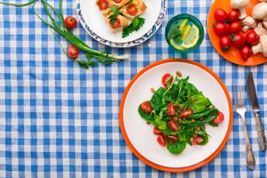 Bir yemek seti, kiraz domatesli taze bir salata, bir tabak fırınlanmış mal, limonlu bir içecek ve mavi kareli masa örtüsü üzerinde bir kase mantar içerir..
