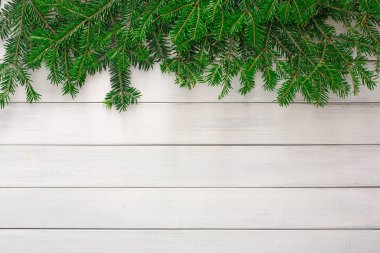 Çam dalları hafif ahşap bir yüzeye dizilir ve tatil teması için bir koleksiyon oluşturur. Dekorasyon, şenlikli dekorasyon ve el sanatları için uygun bir kış havasını yansıtıyor..