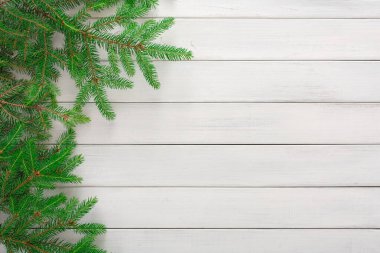 Yeşil dalların bir koleksiyonu beyaz ahşap arka planın bir kısmını kaplar. Tasarım basit, dekorasyon veya yaratıcı projeler için uygun. Düzen metin veya diğer resimler için yer sağlar.