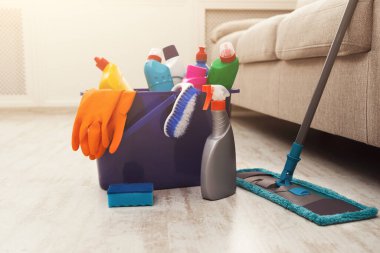 Çeşitli temizlik malzemeleriyle dolu bir sepet bir kanepenin yanındaki ahşap zemine yerleştirilir. Şişeler, süngerler ve eldivenler. Yakınlarda kullanıma hazır bir paspas var..