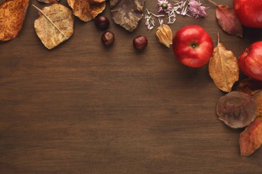 Kırmızı elmalar, kurumuş sonbahar yaprakları ve ahşap bir yüzeyde küçük meyvelerin arasına yerleştirilir. Sahne sonbaharın özünü doğal elementlerle yakalıyor..