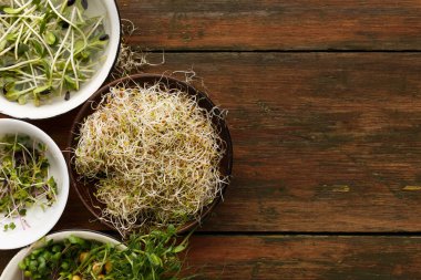 Çeşitli kaselerde kırsal bir ahşap masada bir lahana ve yeşillik koleksiyonu sergileniyor. Her kase taze bitki yaşamını farklı şekil ve boyutları göstererek pişirmeye ya da servis etmeye hazır tutar..