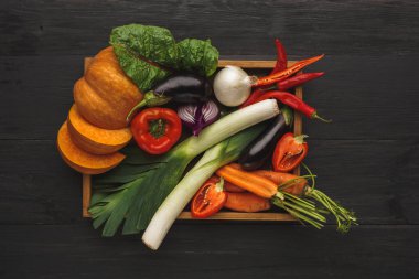 Tahta bir tepside taze sebze koleksiyonu serilir. Seçimde kabak, dolma biber, soğan, kırmızı biber, pırasa, havuç ve marul yer alıyor. Bu eşyalar yemek için hazır..