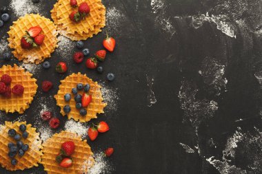 Karanlık bir yüzeye bir waffle seti yerleştirilir. Taze böğürtlenler waffle 'ların etrafına saçıldı. Yüzeyde biraz pudra şekeri görülür ve görüntüye eklenir.