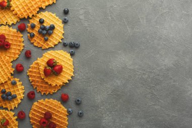 Gri bir yüzeye yerleştirilmiş waffle parçaları koleksiyonu. Taze yaban mersini ve ahududu waffle 'ların arasına dağılmış renkli bir kahvaltı sahnesi sergiliyorlar..