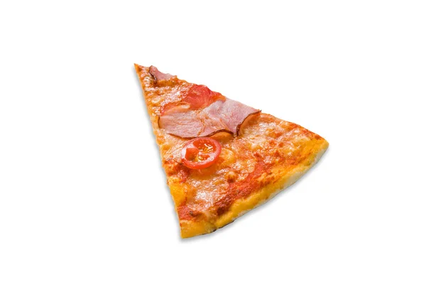 Delicious pizza piece with bacon and cherry tomato — Stock Photo, Image