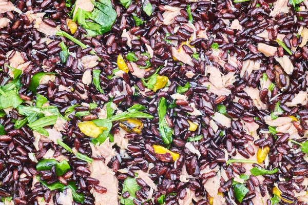İtalyan Venüs siyah pirinci, fıstıklı, rughetta salatası ve ton balıklı. Dengeli Akdeniz diyet tabağı basit ve besleyici gıda mutfağı. Proteinler, karbonhidratlar, vitaminler ve sağlıklı yağlar bir arada..